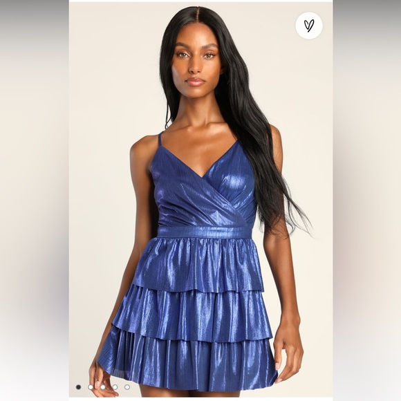 Lulu's Tier to Party Blue Shiny Sleeveless Tiered Mini Dress - Picture 1 of 4